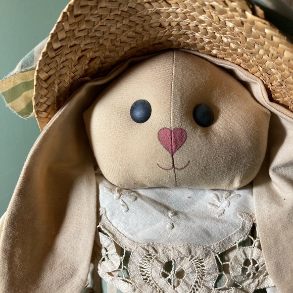 Handcrafted Vintage Striped Bunny Doll with Hat - Picture 4 of 8
